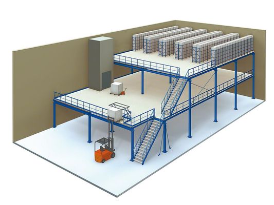 Systèmes bleus/oranges de 3 de niveaux planchers de mezzanine industriels, de plate-forme de stockage